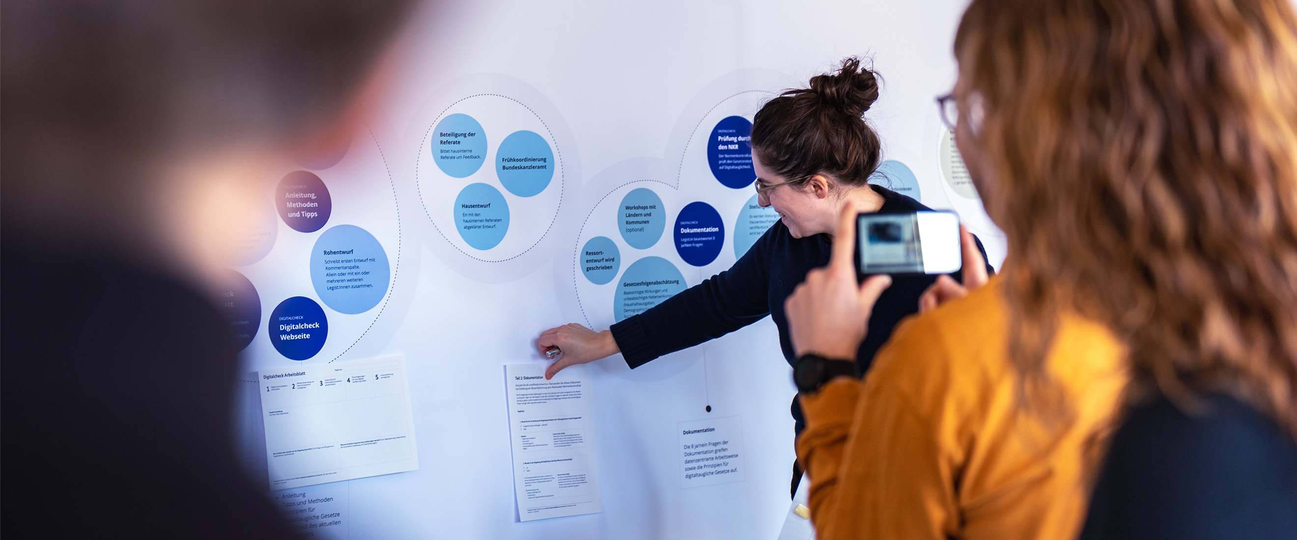 Two people are standing in front of a poster showing the Digitalcheck service landscape. One of the people takes a photo with a smartphone. The other person pins a paper to the poster.