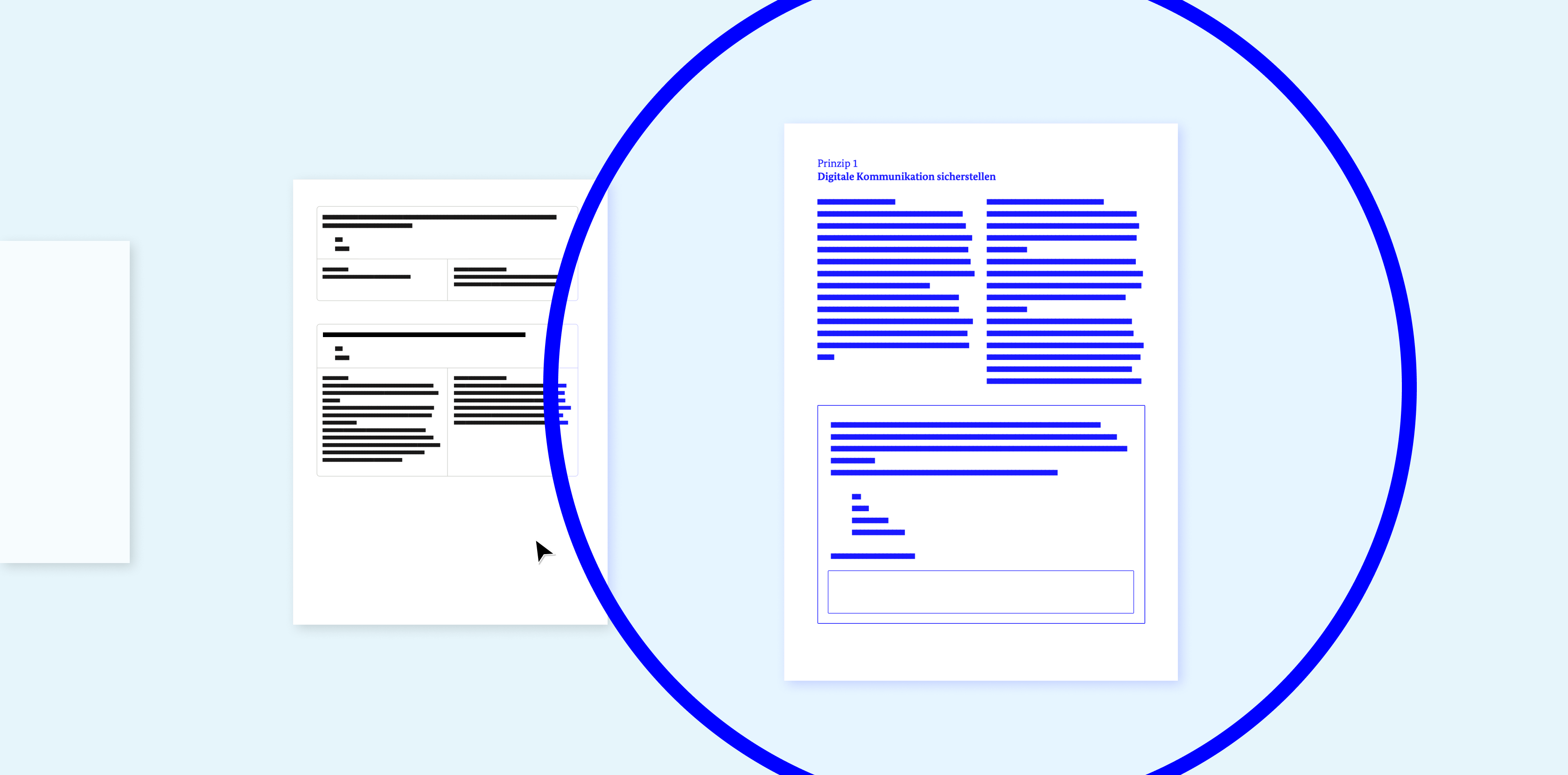 A graphic symbolizes the further development of the digital check documentation with three stylized paper pages that get larger from left to right and contain more content. The largest page on the far left is highlighted by a circle. A mouse cursor, also visible in the graphic, signals that the work is not yet finished.