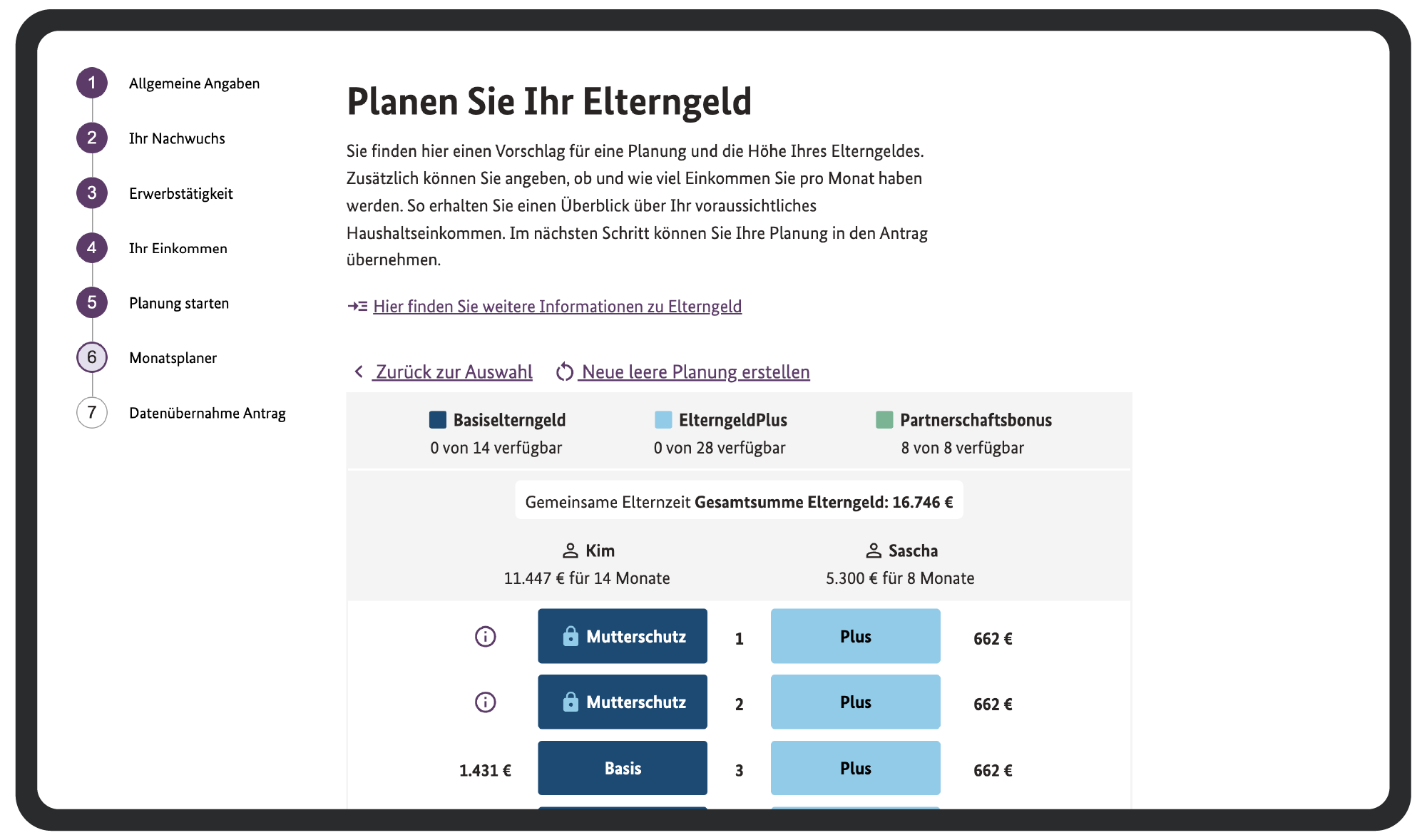 Screenshot einer Formularseite des Elterngeldrechners „Planen Sie Ihre Elterngeld“