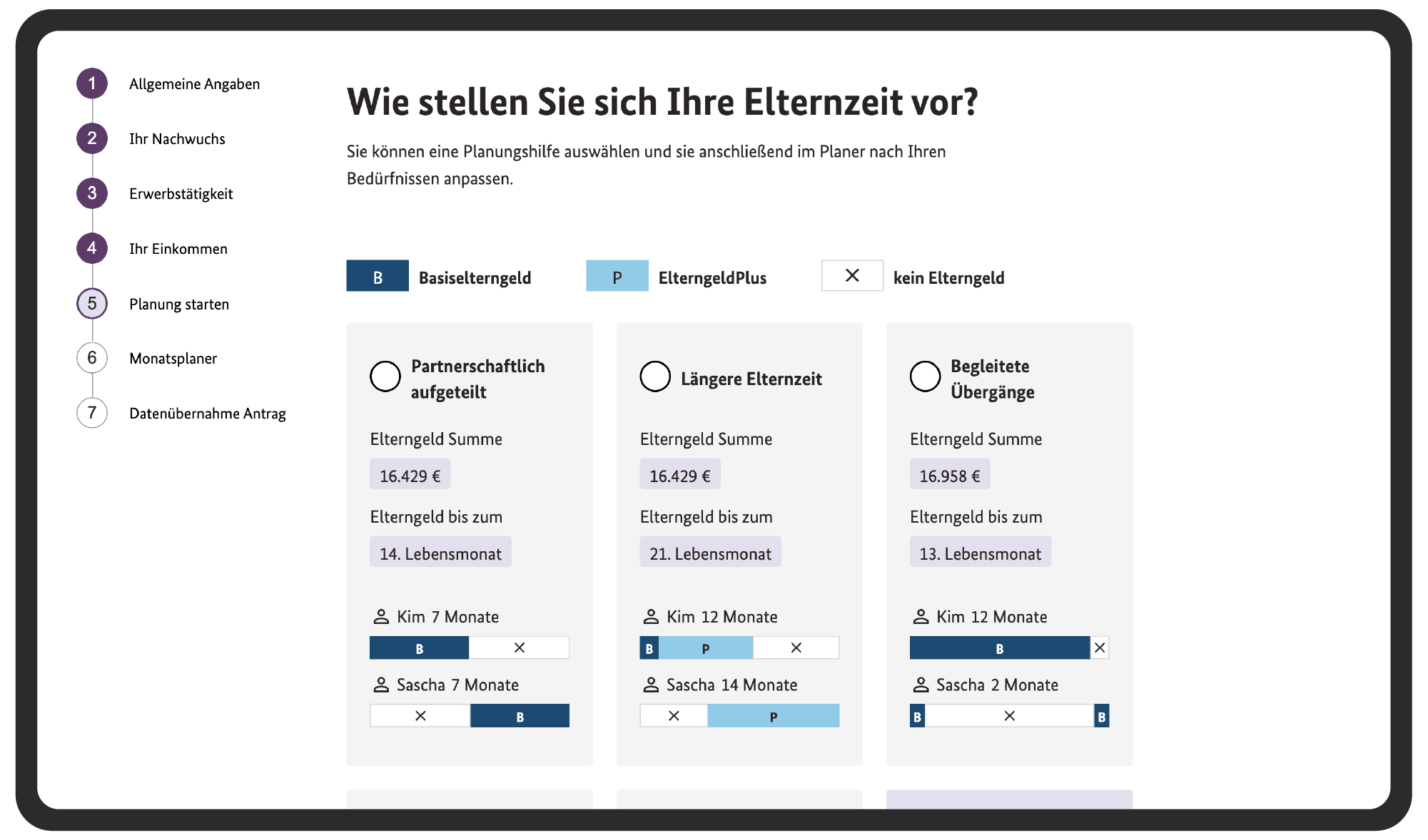 Screenshot einer Formularseite des Elterngeldrechners: „Wie stellen Sie sich Ihre Elternzeit vor?“
