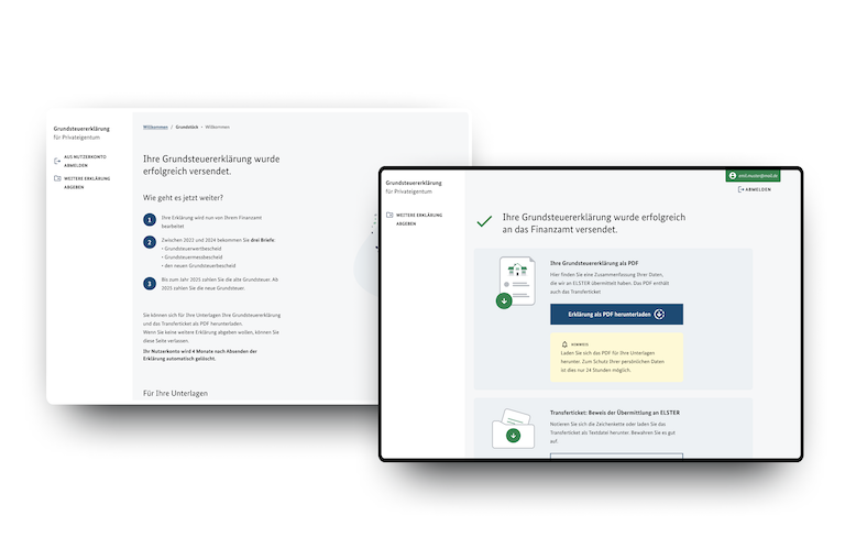 Zwei Screenshots, die die Weiterentwicklung von „Grundsteuererklärung für Privateigentum