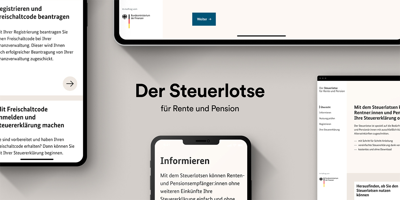 Mockup des Online-Services „Steuerlotse für Rente und Pension“  auf verschiedenen Geräten