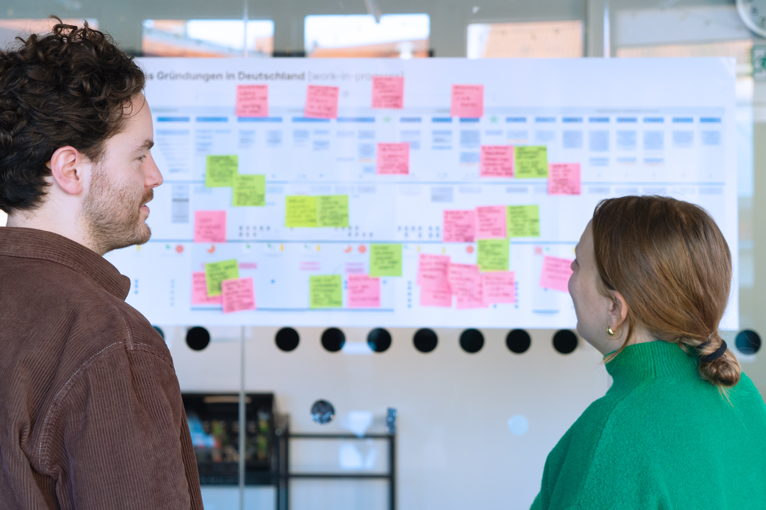 Zwei DigitalService Mitarbeitende stehen im Büro vor einer großen Wandtafel mit einer komplexen User-Journey, die mit vielen bunten Haftnotizen versehen ist und diskutieren gemeinsam die dargestellten Inhalte.