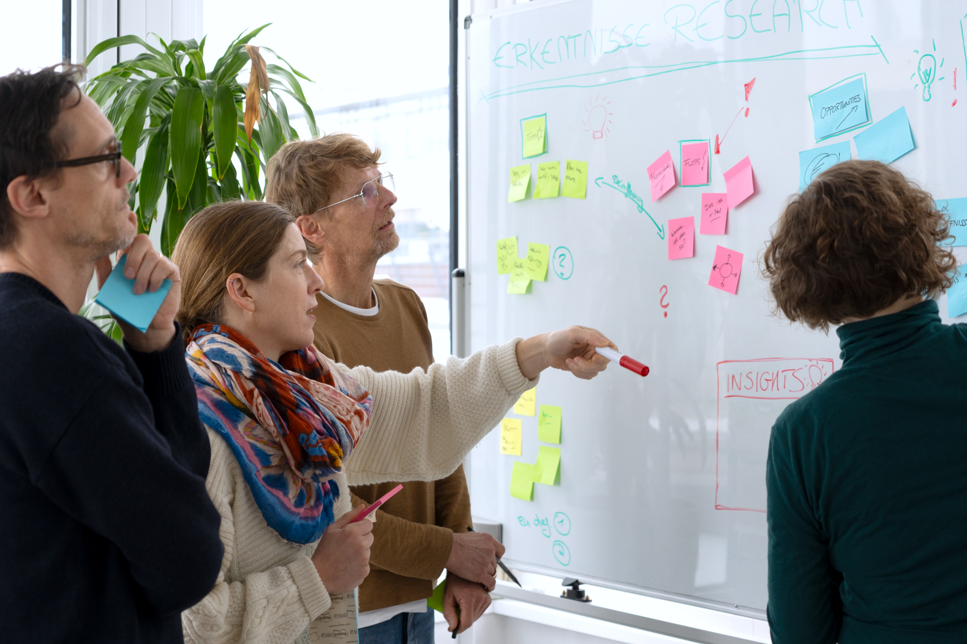 Zwei Mitarbeitende stehen zusammen mit den Autorinnen vor einem Whiteboard auf dem viele bunte Notizzettel geklebt wurden