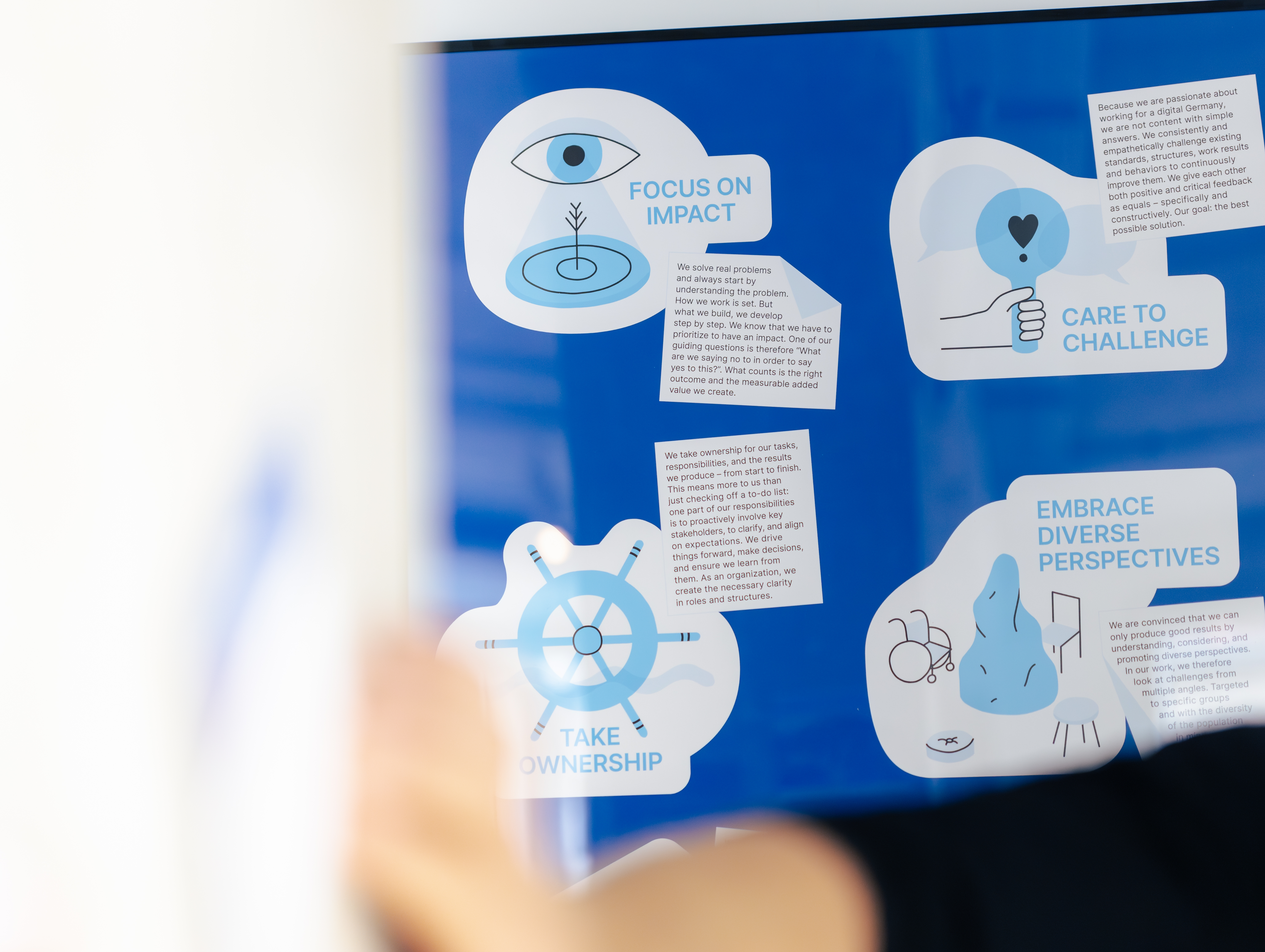 Das Bild zeigt ein blaues Poster mit weißen Textfeldern und Illustrationen, die die Werte des DigitalService darstellen. Darunter sind Begriffe wie „Focus on impact“ oder „Take ownership“ zu erkennen, begleitet von Symbolen wie einem Auge oder einem Steuerrad. Im Vordergrund ist eine unscharfe Hand zu sehen.