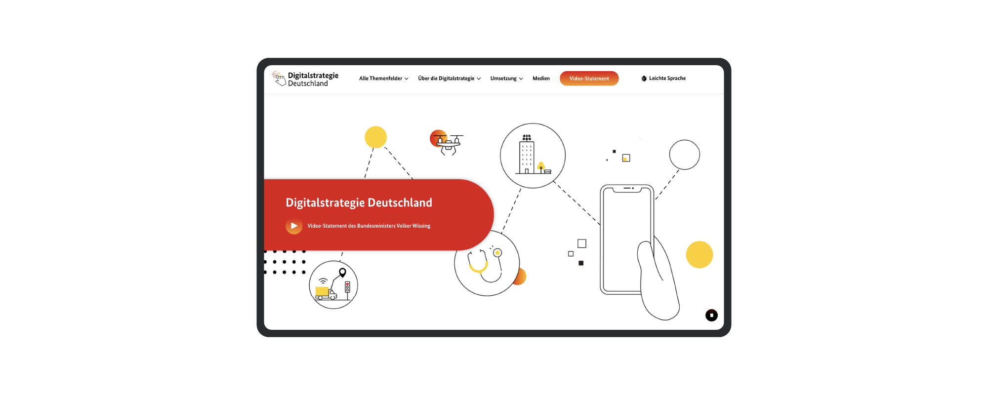 Auf einem Tablet ist die Startseite des Internettauftritts der Digitalstrategie Deutschland zu sehen
