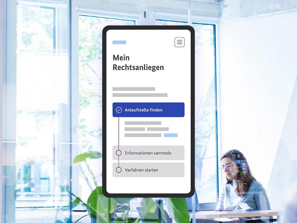 A mock-up for an online civil court procedure on a smartphone shows the “My legal matter” area; the DigitalService office can be seen in the background as a visual style element